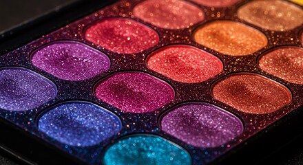 Naklejka premium Colorful glitter eyeshadow makeup palette close view