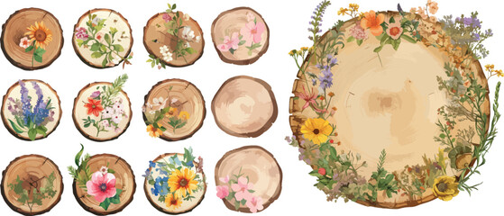 wood slice floral watercolor clipart  © dian's