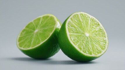 Fresh lime cut in half showing juicy green interior and textured rind on a light gray background
