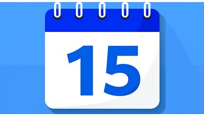 A blue calendar page displaying the number 15, symbolizing dates, schedules, and time management in a minimalist design
