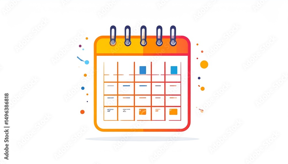 Poster a colorful illustration of a calendar with a spiral binding, featuring various dates highlighted in 