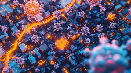 Urban landscape overlaid with viral particles.