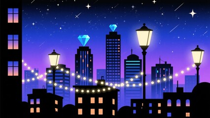 Cityscape at Night with Starry Sky and Diamond-Topped Buildings