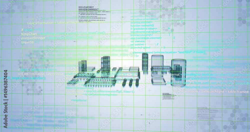 Poster wireframe electronics appearing on green grid forming circuit as camera orbiting and code sliding