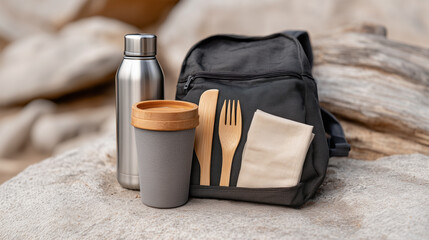 Sustainable student essentials featuring reusable bottle coffee cup and utensils