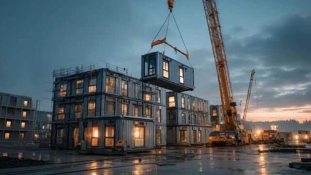 Construction site at dawn with robotic crane lifting modular units, AI-controlled operations, safety-first innovation