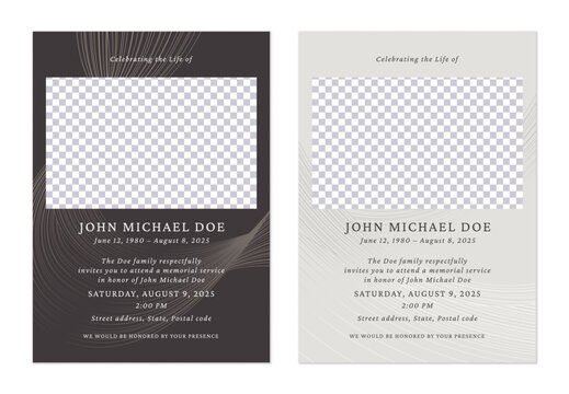 Minimalist funeral memorial service invitation templates in dark gray and off-white feature abstract lines and a rectangle placeholder for a photo. The overall tone is somber and respectful