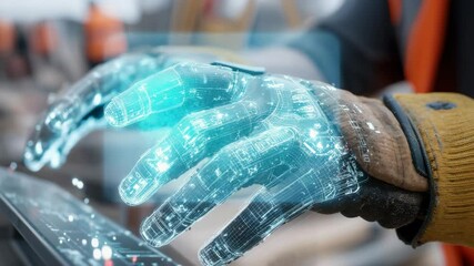 Close-up of engineer hands using AR holographic blueprint in safety gear, high-tech construction site planning