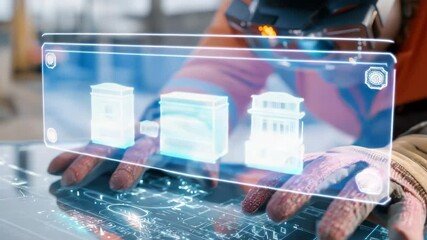 Close-up of engineer hands using AR holographic blueprint in safety gear, high-tech construction site planning - Powered by Adobe