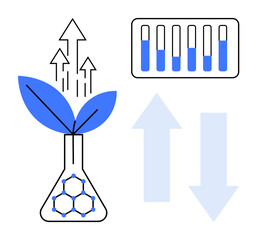 Plant with leaves and molecular structure in flask, upward arrows, test tubes, and abstract arrows. Ideal for biotechnology, sustainability, eco-innovation, growth analysis, green science renewable
