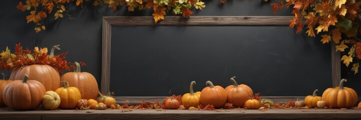Rustic chalkboard frame overflowing with various sized pumpkins and gourds, autumn leaves scattered around ,  fall colors,  vintage,  farm