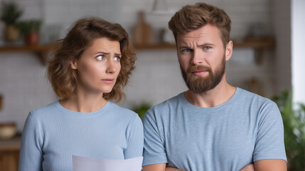 A worried couple looks at each other skeptically, holding a document in their hands indoors.