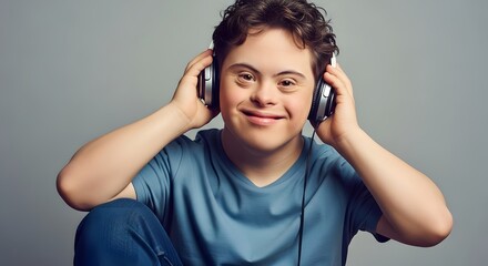 Young Man with Down Syndrome Wearing Headphones and Enjoying Music Studio Portrait