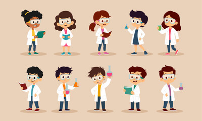Kids scientist characters graphic vector illustration set