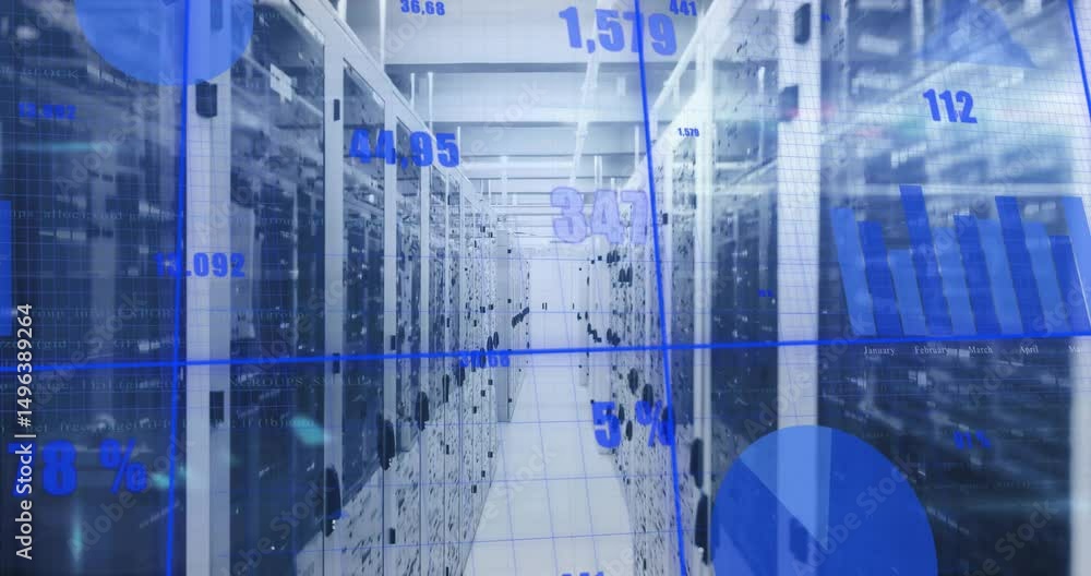 Poster forward-moving camera sliding down server aisle, updating floating metrics and transforming charts