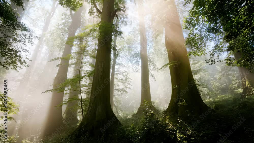 Poster sunlight filtering through the mist in lush, dense green forest with tall trees and thick foliage cr