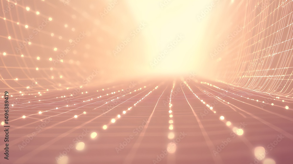 Poster abstract digital tunnel with glowing lines and points.