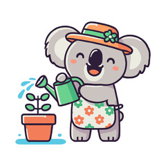 Cute Koala Gardening Watering Plant with Hat and Apron Cartoon Illustration
