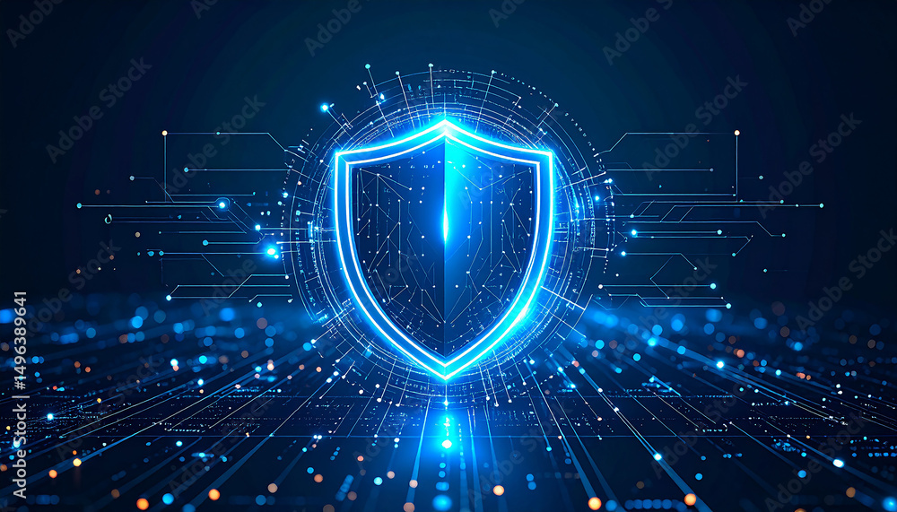 Poster cyber security: a futuristic digital shield radiates protection and security, symbolizing safeguardi