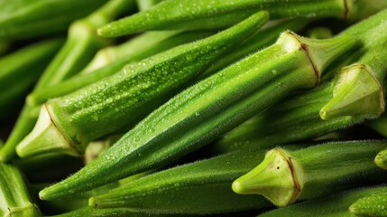 Obraz premium Fresh green okra pods with water droplets on vibrant vegetable background for healthy cooking