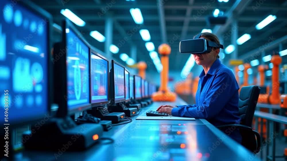 Poster woman wearing virtual reality headset working at computer in a high-tech robotics factory setting