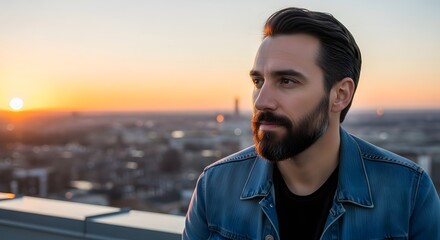 Man Sitting on Rooftop Ledge at Sunset Overlooking City with Thoughtful Gaze Portrait