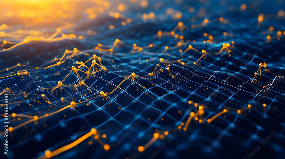 Poster abstract digital network design with glowing points and lines.