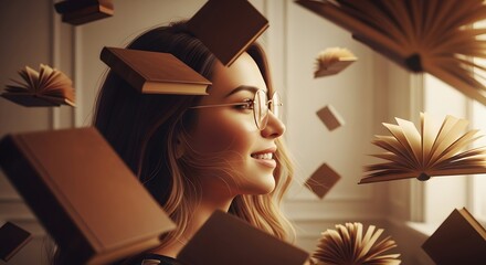 Woman Wearing Glasses Surrounded by Floating Books Conceptual Indoor Profile Portrait