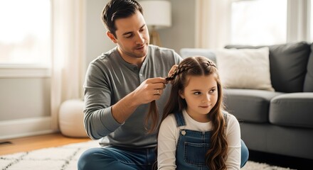 Father Braiding Daughter’s Hair in Cozy Living Room Candid Family Portrait with Soft Light
