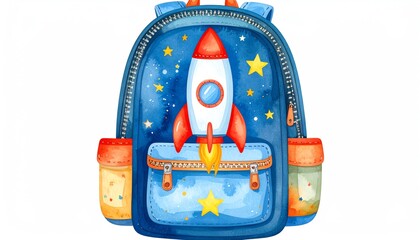 A colorful backpack featuring a rocket design and star patterns, perfect for kids and adventurous spirits
