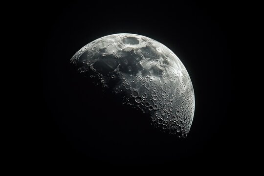 Detailed close-up of a half illuminated moon showing numerous craters and lunar surface textures against a black night sky