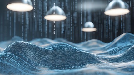 Digital landscape with hanging lights and binary code.