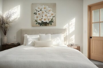 minimalist bright bedroom with white bedding, flower painting above beige upholstered headboard, sunlight casting soft shadows, wooden door and bedside tables with decorative items