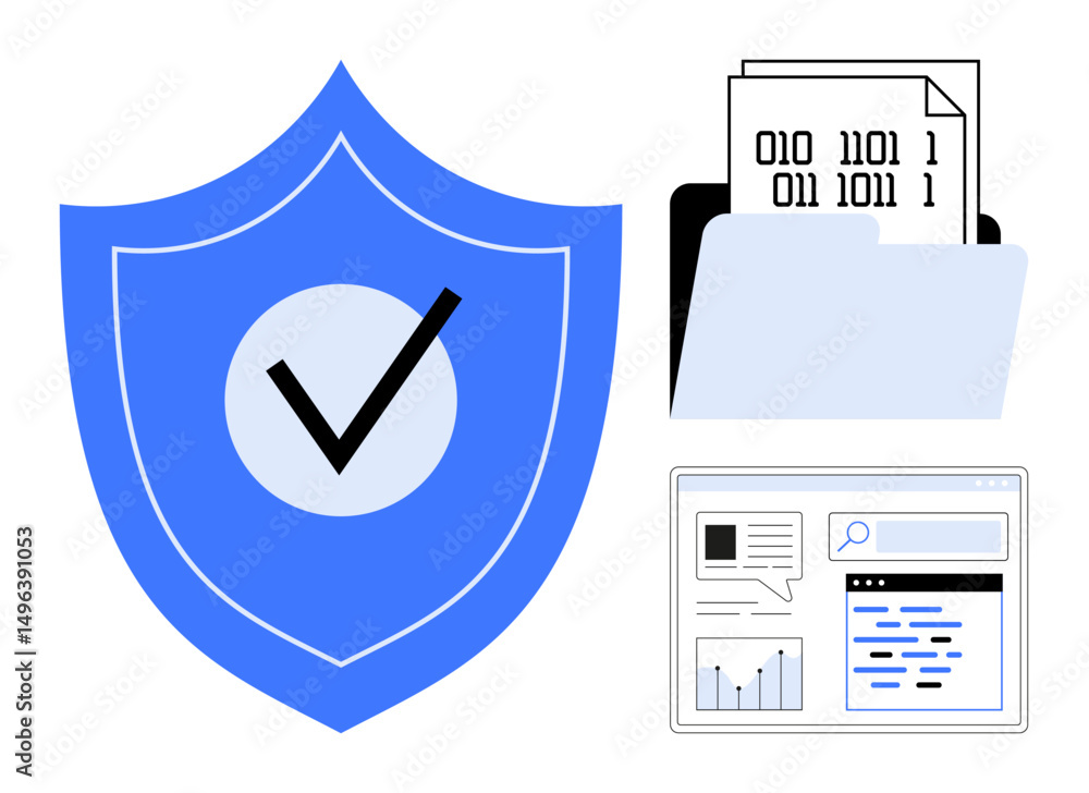 Poster blue shield with checkmark, binary files in open folder, analytics dashboard. ideal for cybersecurit