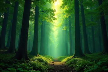 Obraz premium Dense stand of towering timber trees in a lush forest, sunlight dappling through leaves, creating a mystical atmosphere Perfect for nature, environmental, and forestry themes , timber, biodiversity