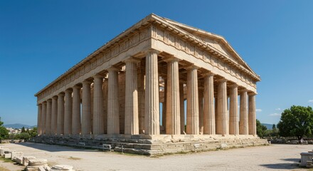 Ancient Greek Temple: Captured under a bright blue sky, the temple's classic design and meticulous craftsmanship stands as a testament to the enduring legacy of ancient Greece. 