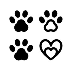 Fototapeta premium Dog paw print set. Paw icon collection on white background . Vector illustration. Pet paw editable stroke. footprints, Heart with pet paw print dog cat icon, vector illustration. paws prints dog. 