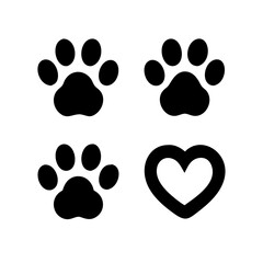 Fototapeta premium Dog paw print set. Paw icon collection on white background . Vector illustration. Pet paw editable stroke. footprints, Heart with pet paw print dog cat icon, vector illustration. paws prints dog. 