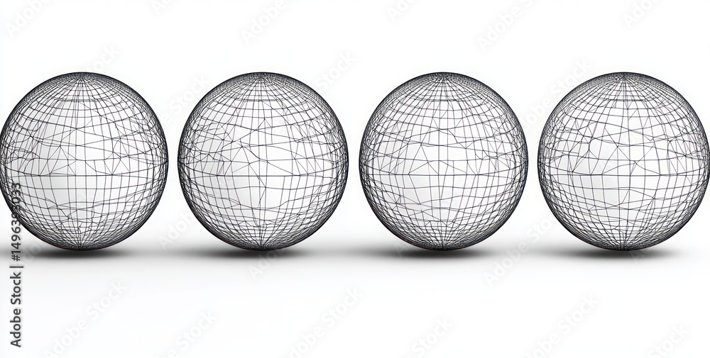 Poster four wireframe spheres with interconnected geometric patterns arranged in a row on a white backgroun