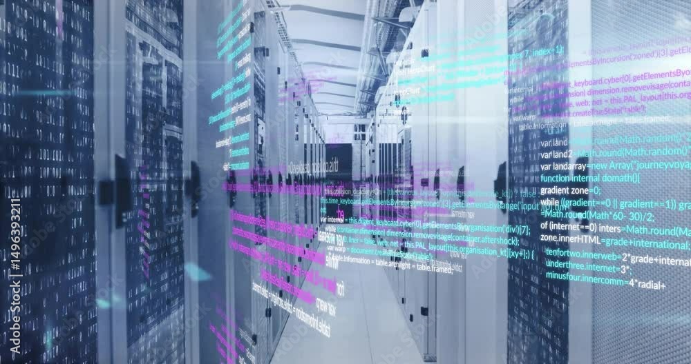 Poster floating cyan magenta code lines emerging from corridor edges then converging visualizing data flow