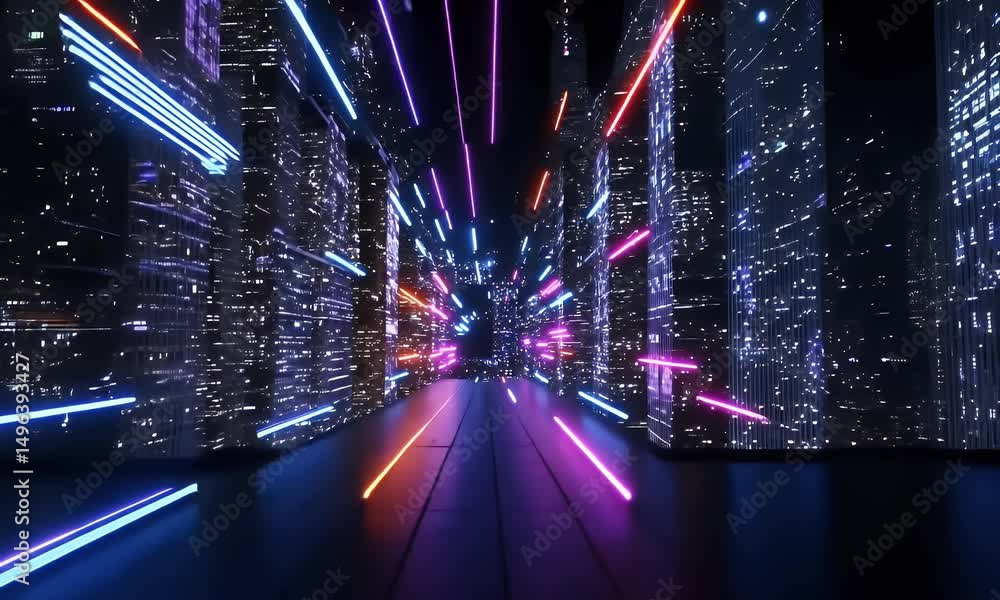 Poster a dynamic light effect with glowing neon lines forming an abstract tunnel, creating the illusion of 