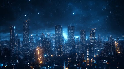 Obraz premium Futuristic city skyline at night, illuminated with glowing lights.