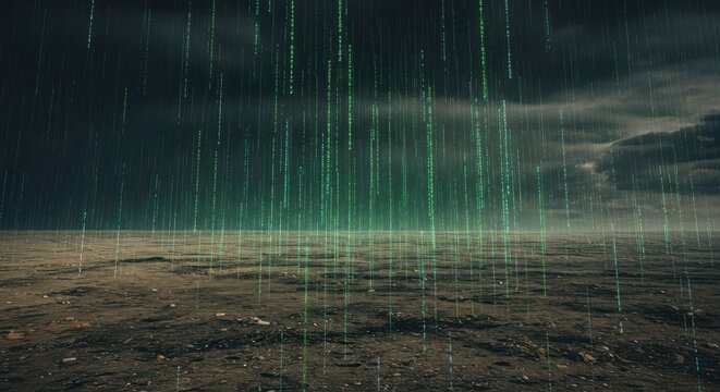 Abstract Matrix Rainfall: Digital data streams as vibrant green lines descend onto a stark, desolate landscape, merging with natural elements in a mesmerizing blend of technology and nature. 