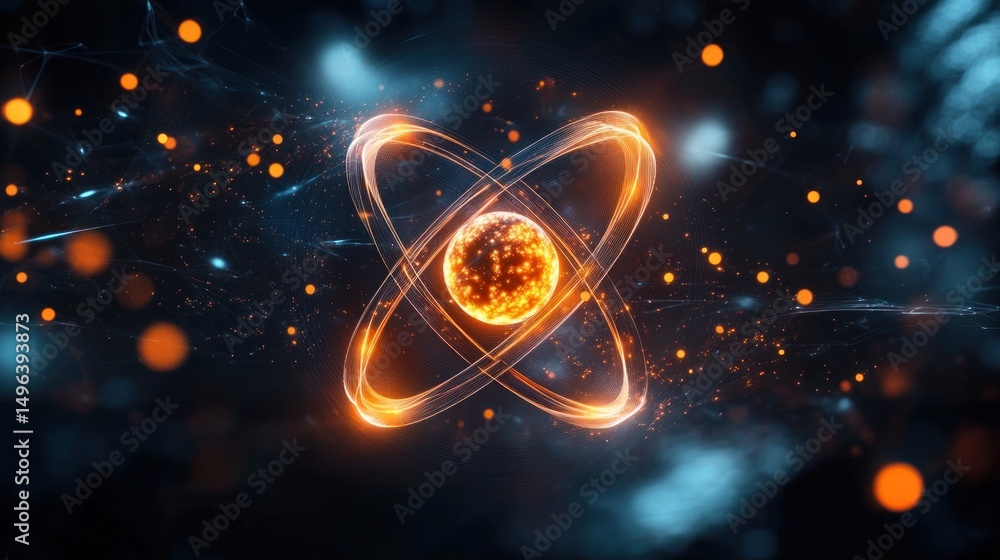 Aufkleber glowing orange atomic nucleus with orbiting electron paths surrounded by dynamic light particles on 