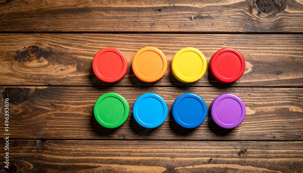 Poster colorful circular objects arranged in a neat row on a wooden surface, showcasing a vibrant palette o