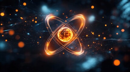 Glowing orange atomic nucleus with orbiting electron paths surrounded by dynamic light particles on a dark blue background, depicting energy and motion