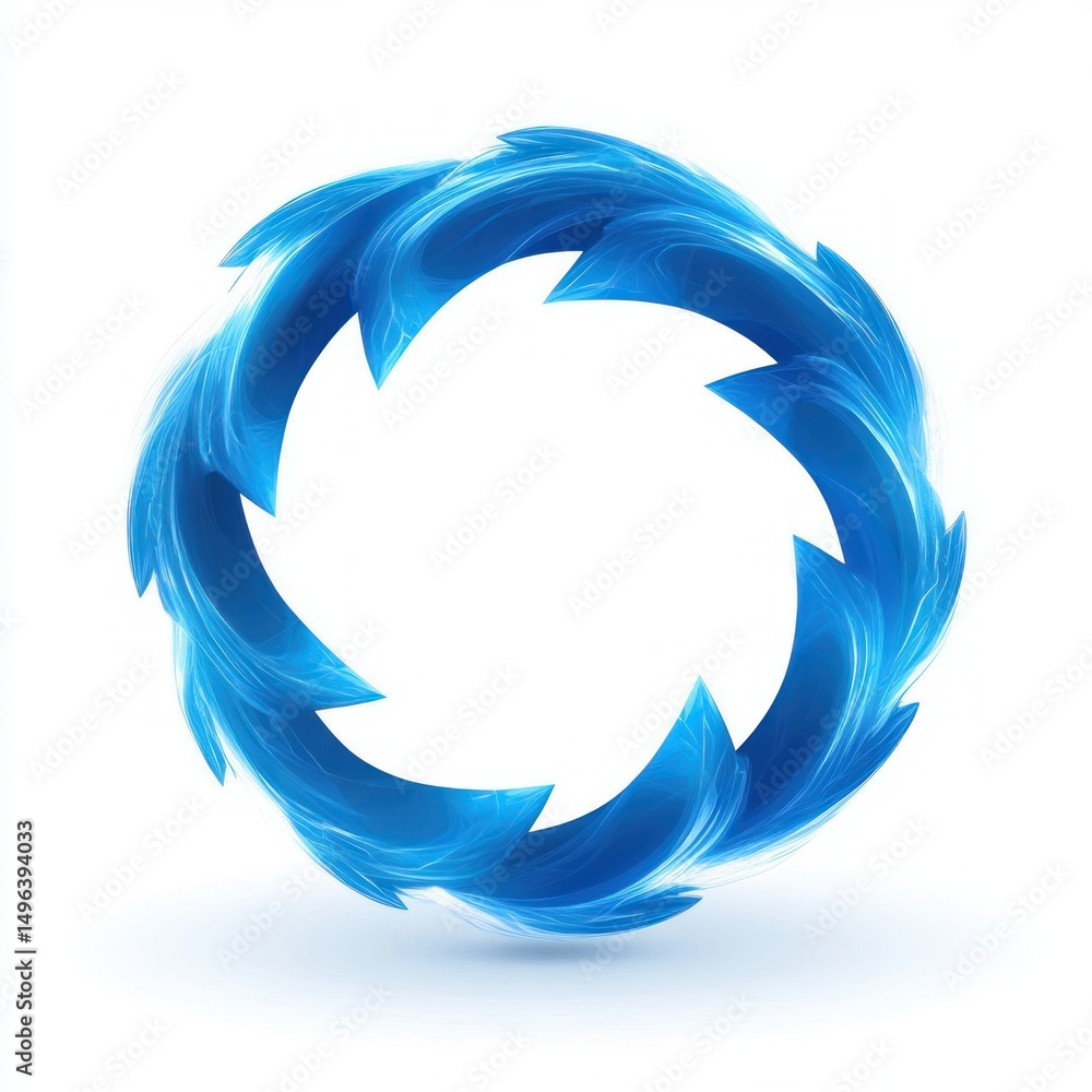 Poster circular formation of dynamic blue arrows with soft glowing edges symbolizing motion and flow agains