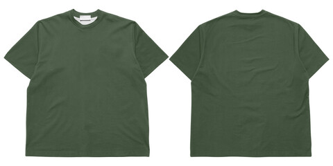Back and front dark green oversized t-shirt mockup with label for clothing, apparel, transparent...