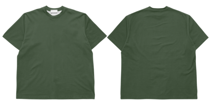 Back and front dark green oversized t-shirt mockup with label for clothing, apparel, transparent background