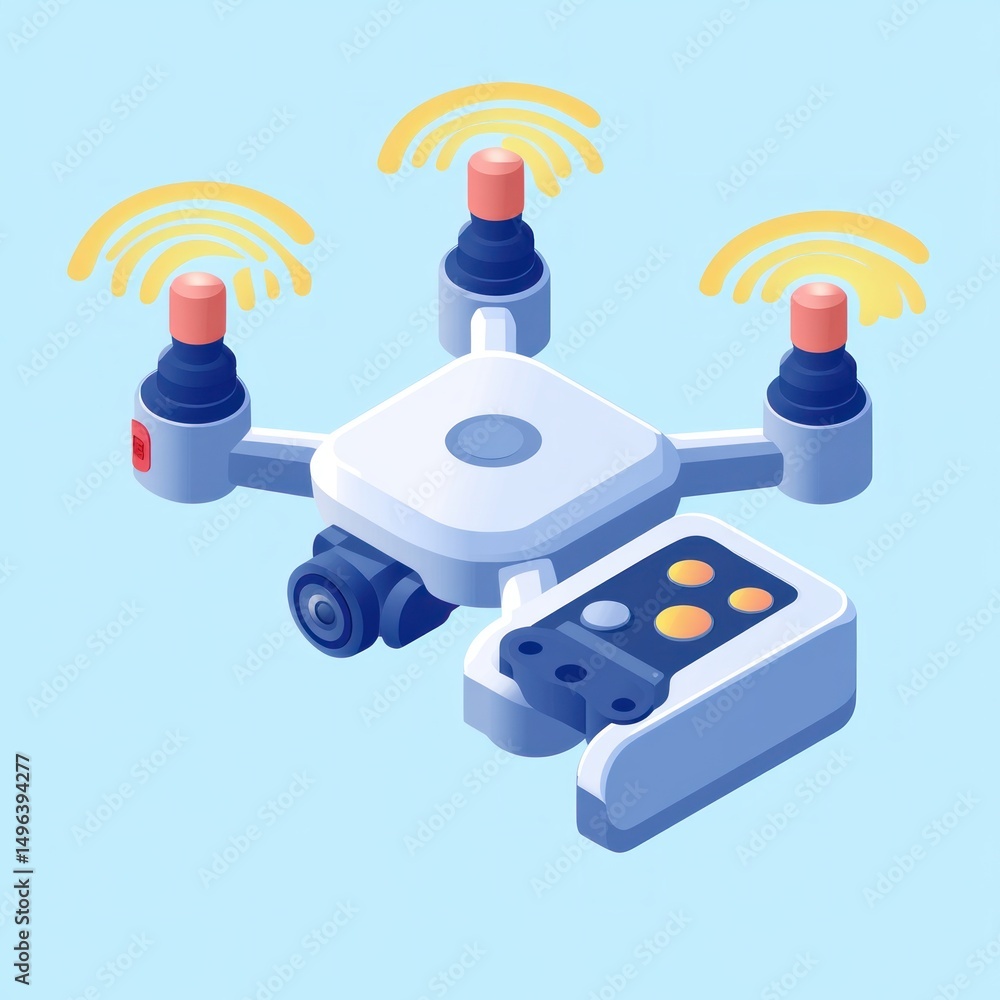 Poster futuristic quadcopter drone with camera and wireless signal indicators hovering next to a handheld r
